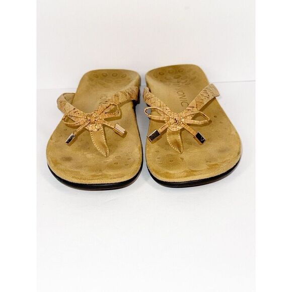 Vionic Bella Sandal Beige Neutral Flip Flop Bow Gold Cork Toe Post Comfort Sz 6 - Picture 4 of 16
